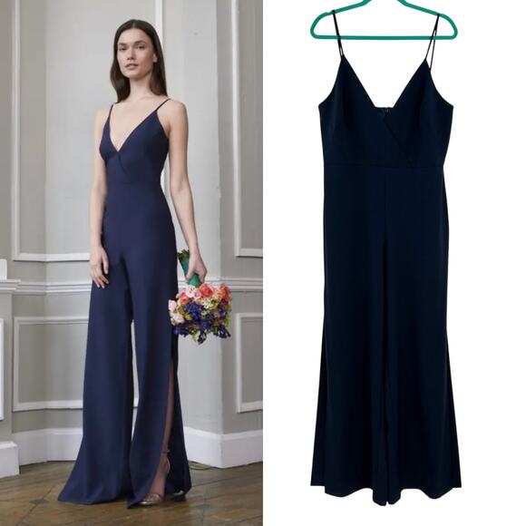 Monique Lhuillier Bridesmaids Doutzen Jumpsuit Wide Slit Leg Navy Blue Size 12 - Picture 1 of 16